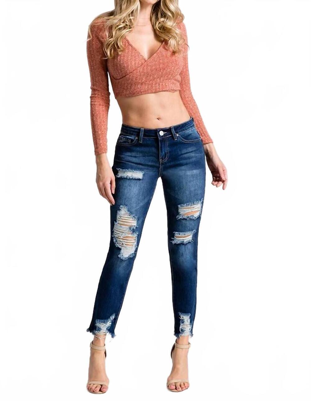 NEW YMI dream mid-rise anklet with hem destruction jeans in dark wash